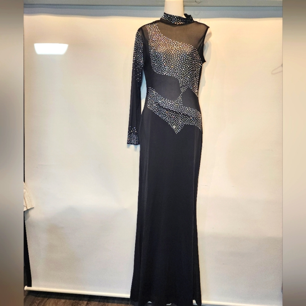 New Black Rhinestine Slinky One Shoulder Dress See Through Body Con Size L